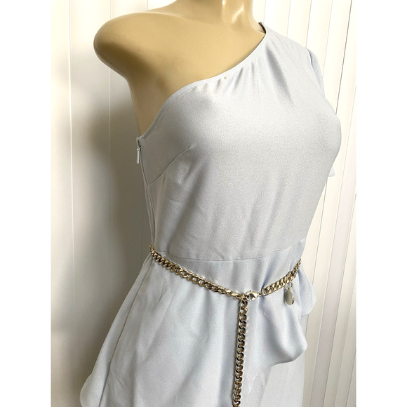 NWT Ted Baker Dress One Shoulder Baby Blue Peplum Sheath Chain Belt Midi 2 S 4 6 - Picture 5 of 10